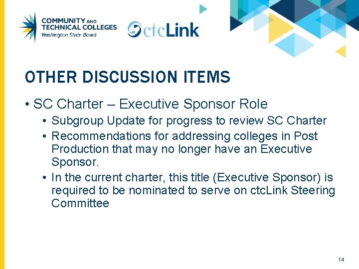 OTHER DISCUSSION ITEMS • SC Charter – Executive Sponsor Role • Subgroup Update for