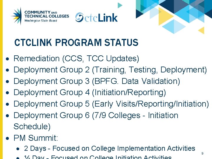 CTCLINK PROGRAM STATUS Remediation (CCS, TCC Updates) Deployment Group 2 (Training, Testing, Deployment) Deployment