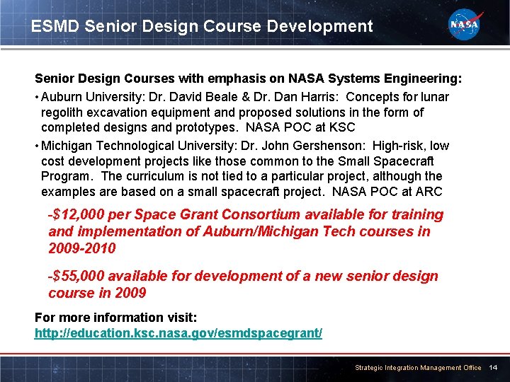 ESMD Senior Design Course Development Senior Design Courses with emphasis on NASA Systems Engineering: