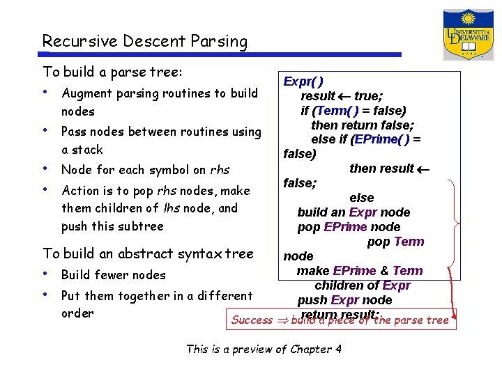 Recursive Descent Parsing To build a parse tree: Expr( ) • Augment parsing routines