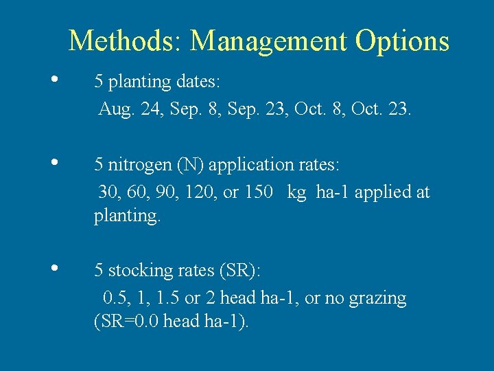 Methods: Management Options • 5 planting dates: Aug. 24, Sep. 8, Sep. 23, Oct.