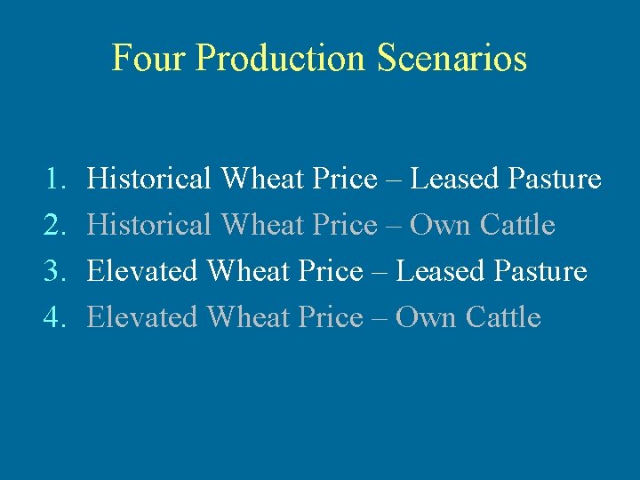 Four Production Scenarios 1. 2. 3. 4. Historical Wheat Price – Leased Pasture Historical