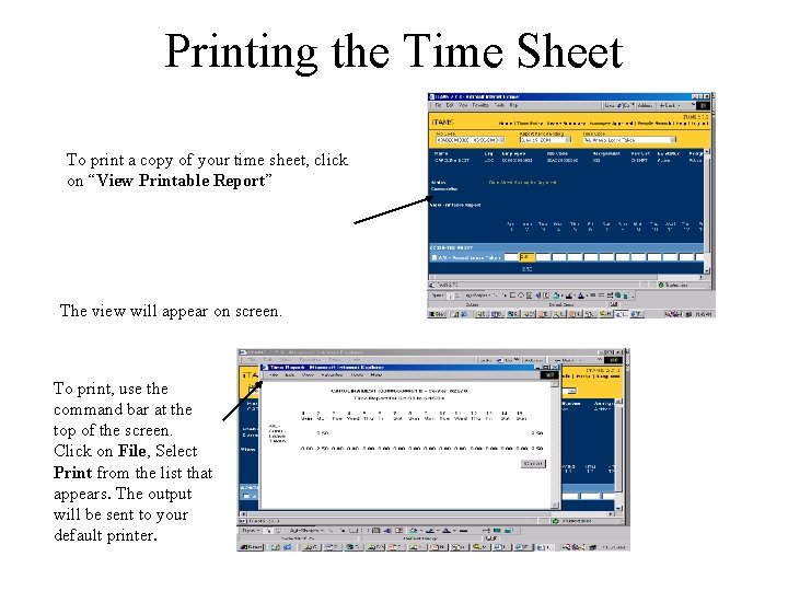 Printing the Time Sheet To print a copy of your time sheet, click on