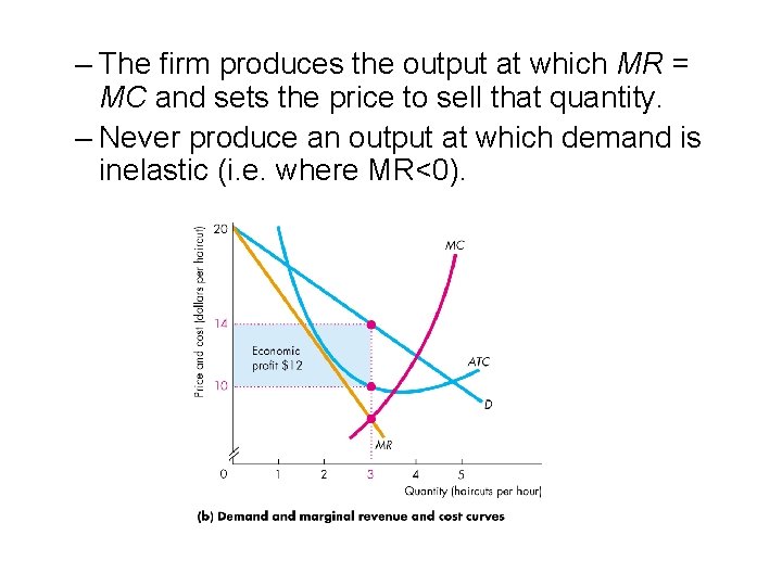 – The firm produces the output at which MR = MC and sets the