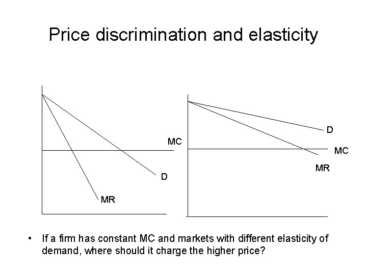 Price discrimination and elasticity D MC MR MR • If a firm has constant