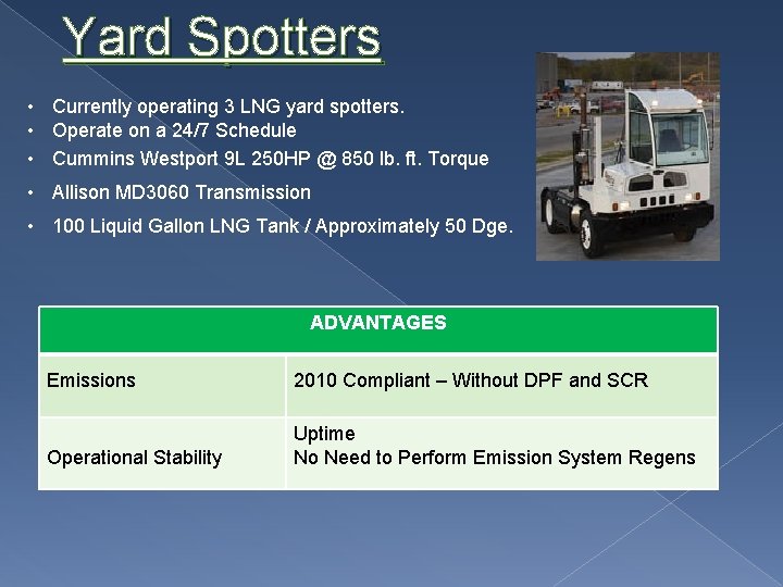 Yard Spotters • Currently operating 3 LNG yard spotters. • Operate on a 24/7