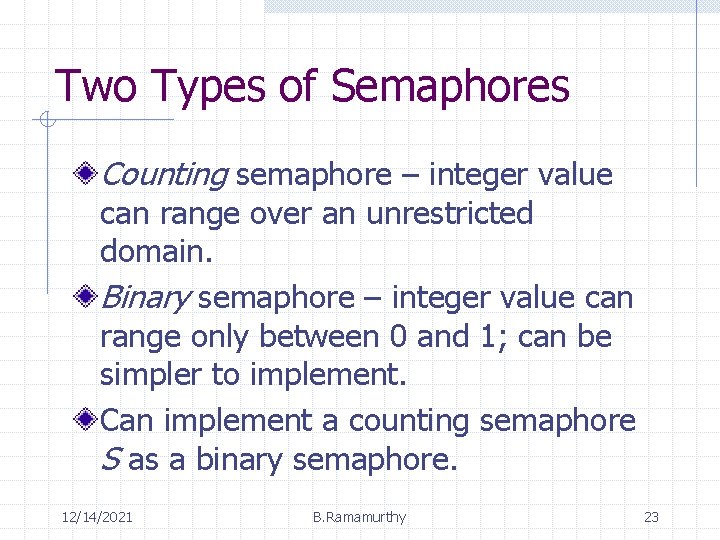 Two Types of Semaphores Counting semaphore – integer value can range over an unrestricted