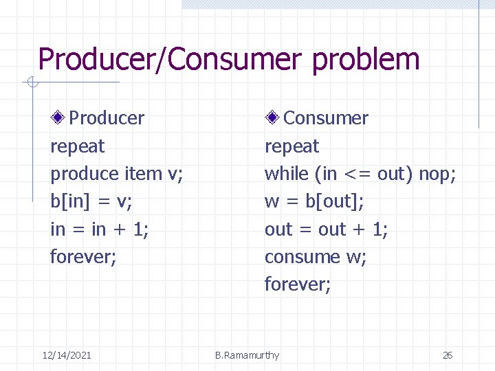 Producer/Consumer problem Producer repeat produce item v; b[in] = v; in = in +