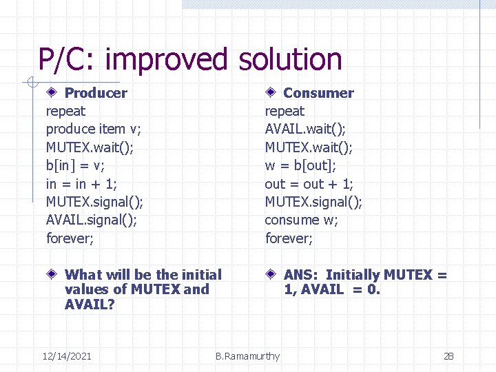 P/C: improved solution Producer repeat produce item v; MUTEX. wait(); b[in] = v; in