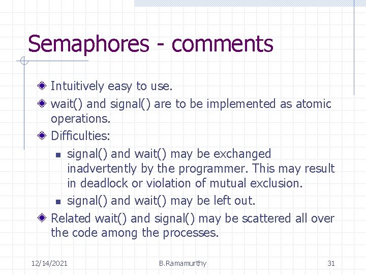 Semaphores - comments Intuitively easy to use. wait() and signal() are to be implemented