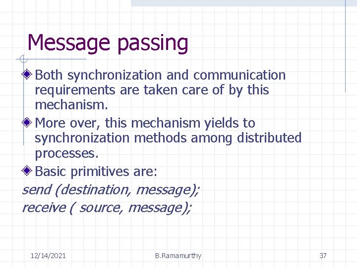 Message passing Both synchronization and communication requirements are taken care of by this mechanism.