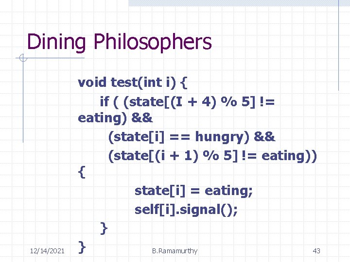 Dining Philosophers 12/14/2021 void test(int i) { if ( (state[(I + 4) % 5]