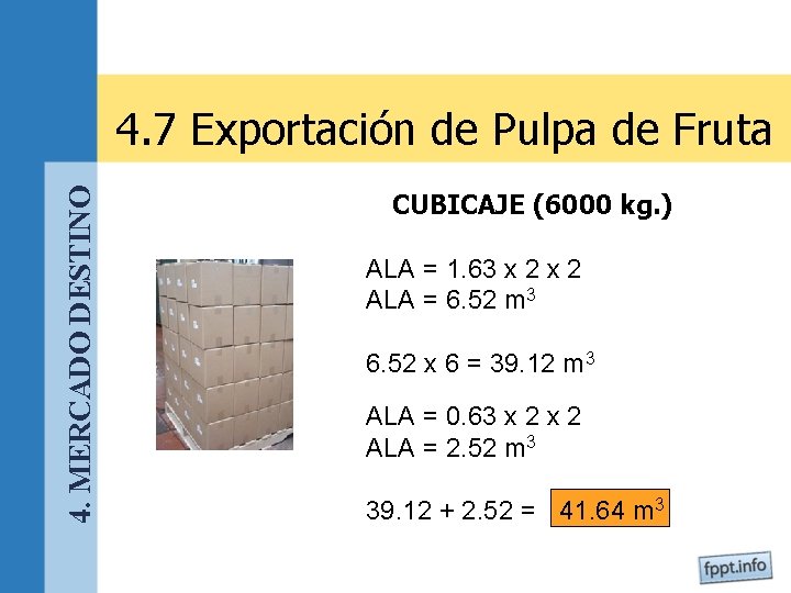 4. MERCADO DESTINO 4. 7 Exportación de Pulpa de Fruta CUBICAJE (6000 kg. )