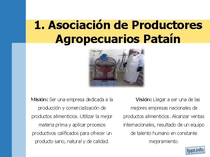 1. Asociación de Productores Agropecuarios Pataín Misión: Ser una empresa dedicada a la Visión: