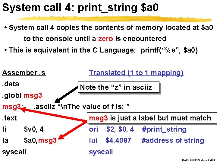 System call 4: print_string $a 0 • System call 4 copies the contents of