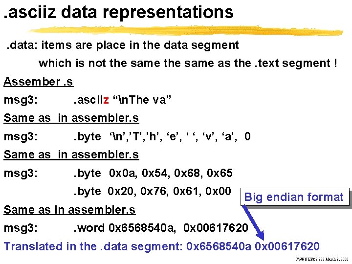 . asciiz data representations. data: items are place in the data segment which is