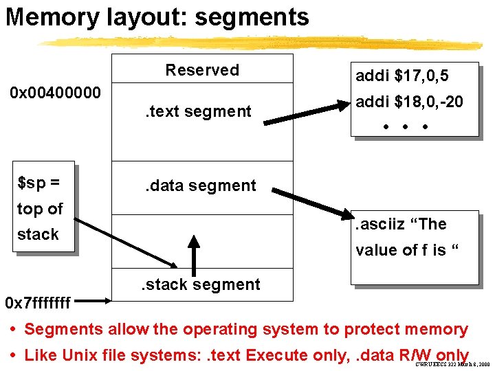 Memory layout: segments Reserved 0 x 00400000. text segment $sp = addi $17, 0,