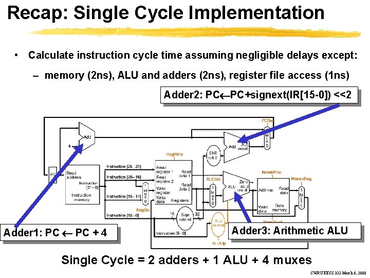 Recap: Single Cycle Implementation • Calculate instruction cycle time assuming negligible delays except: –