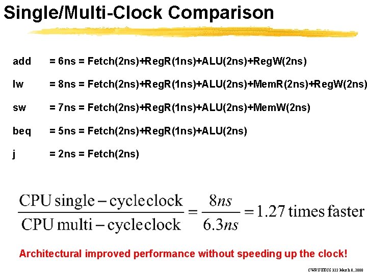 Single/Multi-Clock Comparison add = 6 ns = Fetch(2 ns)+Reg. R(1 ns)+ALU(2 ns)+Reg. W(2 ns)