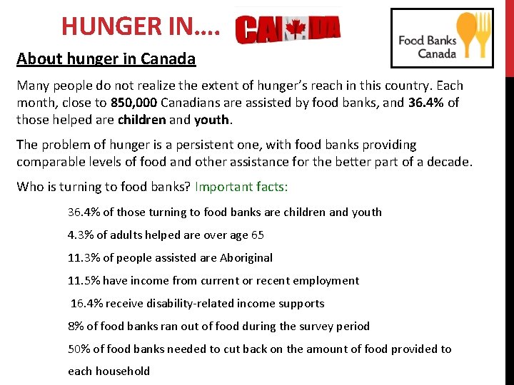 HUNGER IN…. About hunger in Canada Many people do not realize the extent of