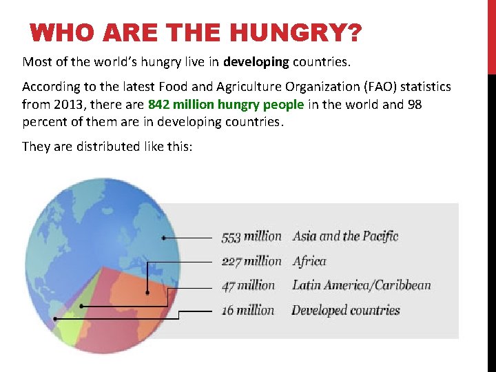 WHO ARE THE HUNGRY? Most of the world’s hungry live in developing countries. According