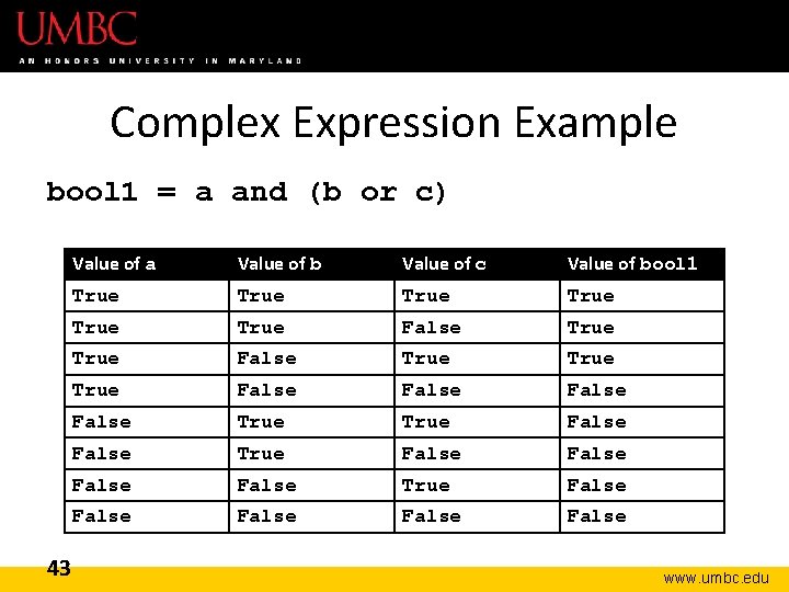 Complex Expression Example bool 1 = a and (b or c) 43 Value of