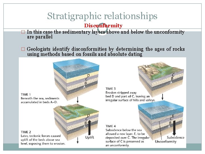 Stratigraphic relationships Disconformity � In this case the sedimentary layers above and below the