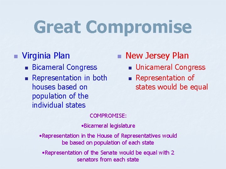 Great Compromise n Virginia Plan n New Jersey Plan Bicameral Congress Representation in both
