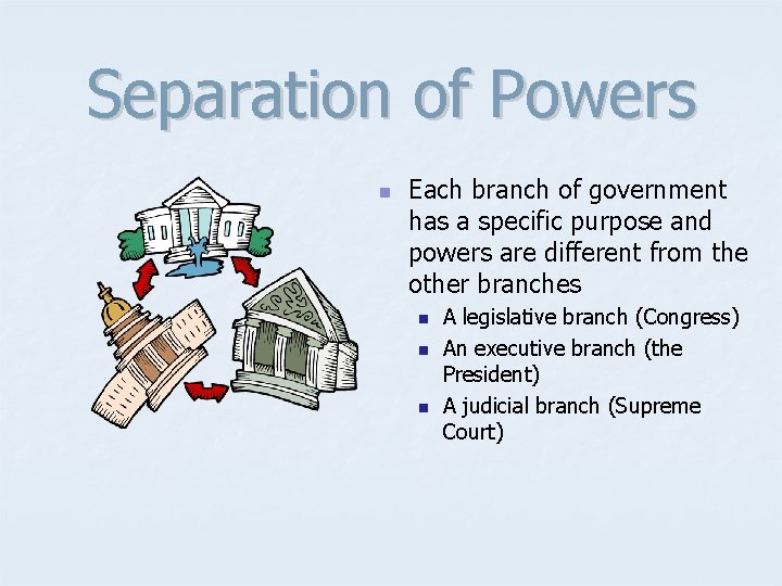 Separation of Powers n Each branch of government has a specific purpose and powers