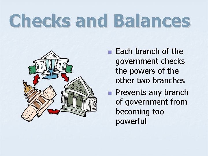 Checks and Balances n n Each branch of the government checks the powers of