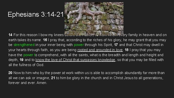 Ephesians 3: 14 -21 14 For this reason I bow my knees before the