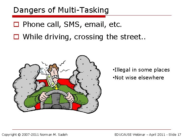 Dangers of Multi-Tasking o Phone call, SMS, email, etc. o While driving, crossing the