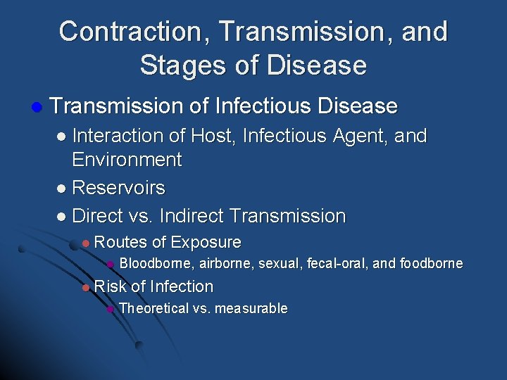Contraction, Transmission, and Stages of Disease l Transmission of Infectious Disease l Interaction of Contraction, Transmission, and Stages of Disease l Transmission of Infectious Disease l Interaction of