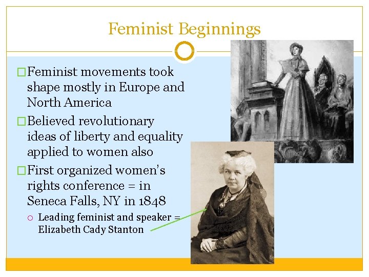 Feminist Beginnings �Feminist movements took shape mostly in Europe and North America �Believed revolutionary