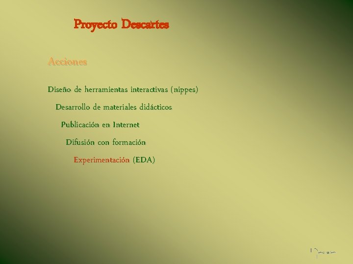 Proyecto Descartes Acciones Diseño de herramientas interactivas (nippes) Desarrollo de materiales didácticos Publicación en