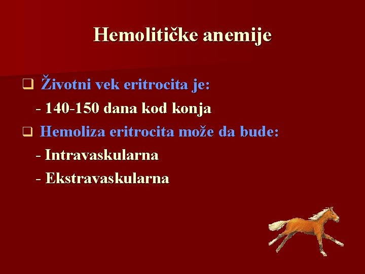 Hemolitičke anemije q Životni vek eritrocita je: - 140 -150 dana kod konja q