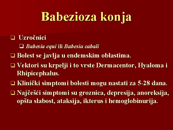 Babezioza konja q Uzročnici q Babesia equi ili Babesia cabali q Bolest se javlja