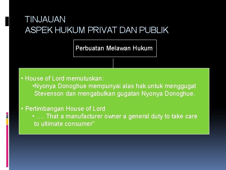 TINJAUAN ASPEK HUKUM PRIVAT DAN PUBLIK Perbuatan Melawan Hukum • House of Lord memutuskan:
