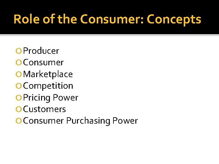 Role of the Consumer: Concepts Producer Consumer Marketplace Competition Pricing Power Customers Consumer Purchasing