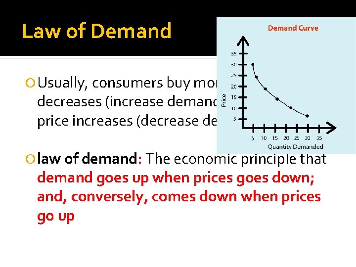 Law of Demand Usually, consumers buy more as price decreases (increase demand) & buy