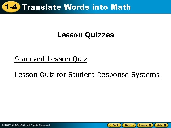 1 -4 Translate Words into Math Lesson Quizzes Standard Lesson Quiz for Student Response