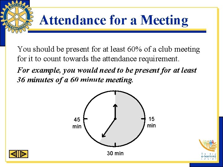 Attendance for a Meeting You should be present for at least 60% of a