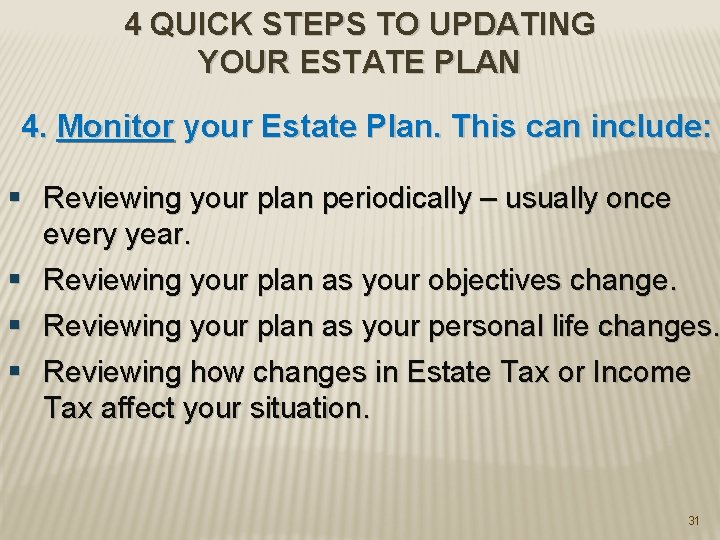 4 QUICK STEPS TO UPDATING YOUR ESTATE PLAN 4. Monitor your Estate Plan. This