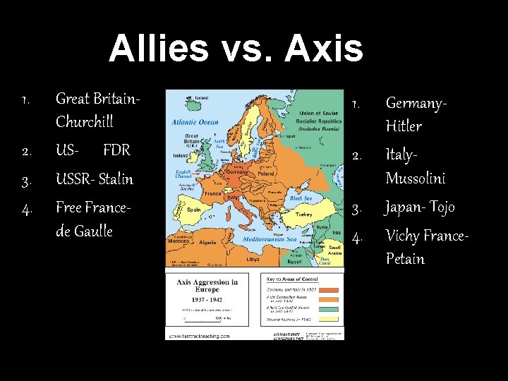 Allies vs. Axis 1. 2. 3. 4. Great Britain. Churchill US- FDR USSR- Stalin Allies vs. Axis 1. 2. 3. 4. Great Britain. Churchill US- FDR USSR- Stalin