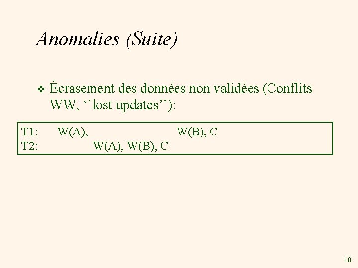 Anomalies (Suite) v T 1: T 2: Écrasement des données non validées (Conflits WW,