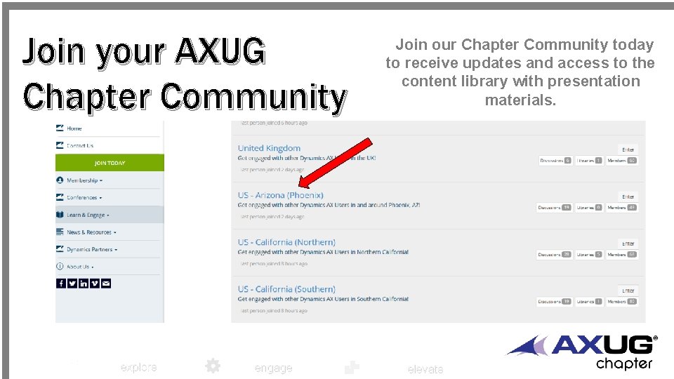 Join your AXUG Chapter Community explore engage Join our Chapter Community today to receive