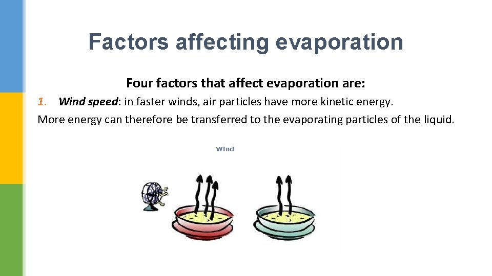 Factors affecting evaporation Four factors that affect evaporation are: 1. Wind speed: in faster