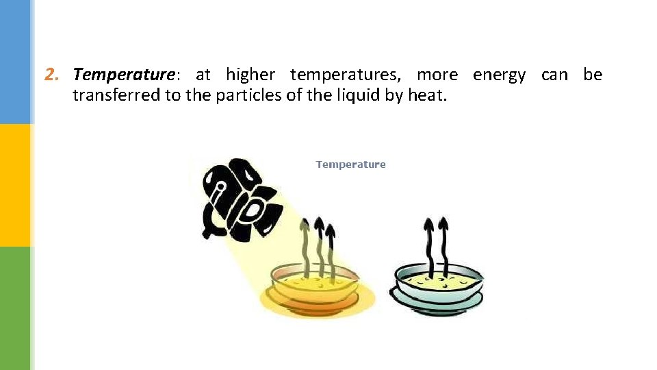 2. Temperature: at higher temperatures, more energy can be transferred to the particles of