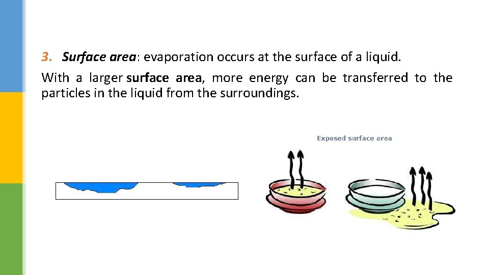 3. Surface area: evaporation occurs at the surface of a liquid. With a larger