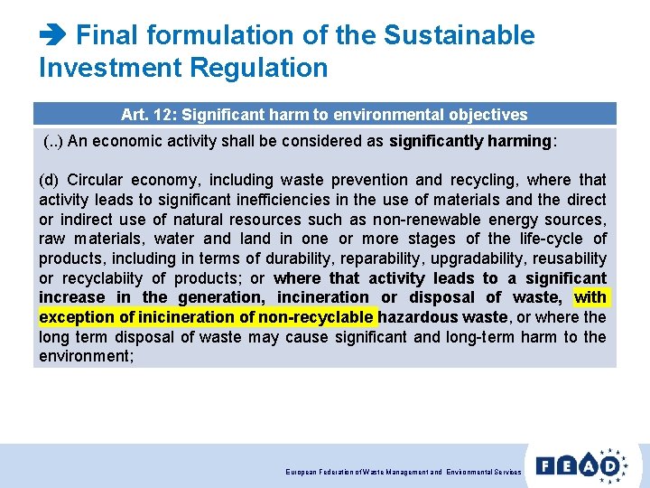  Final formulation of the Sustainable Investment Regulation Art. 12: Significant harm to environmental